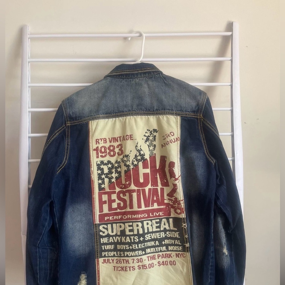 Blue Denim Jacket with Graphic Men Vintage Rock Print Jeans Punk Jacket